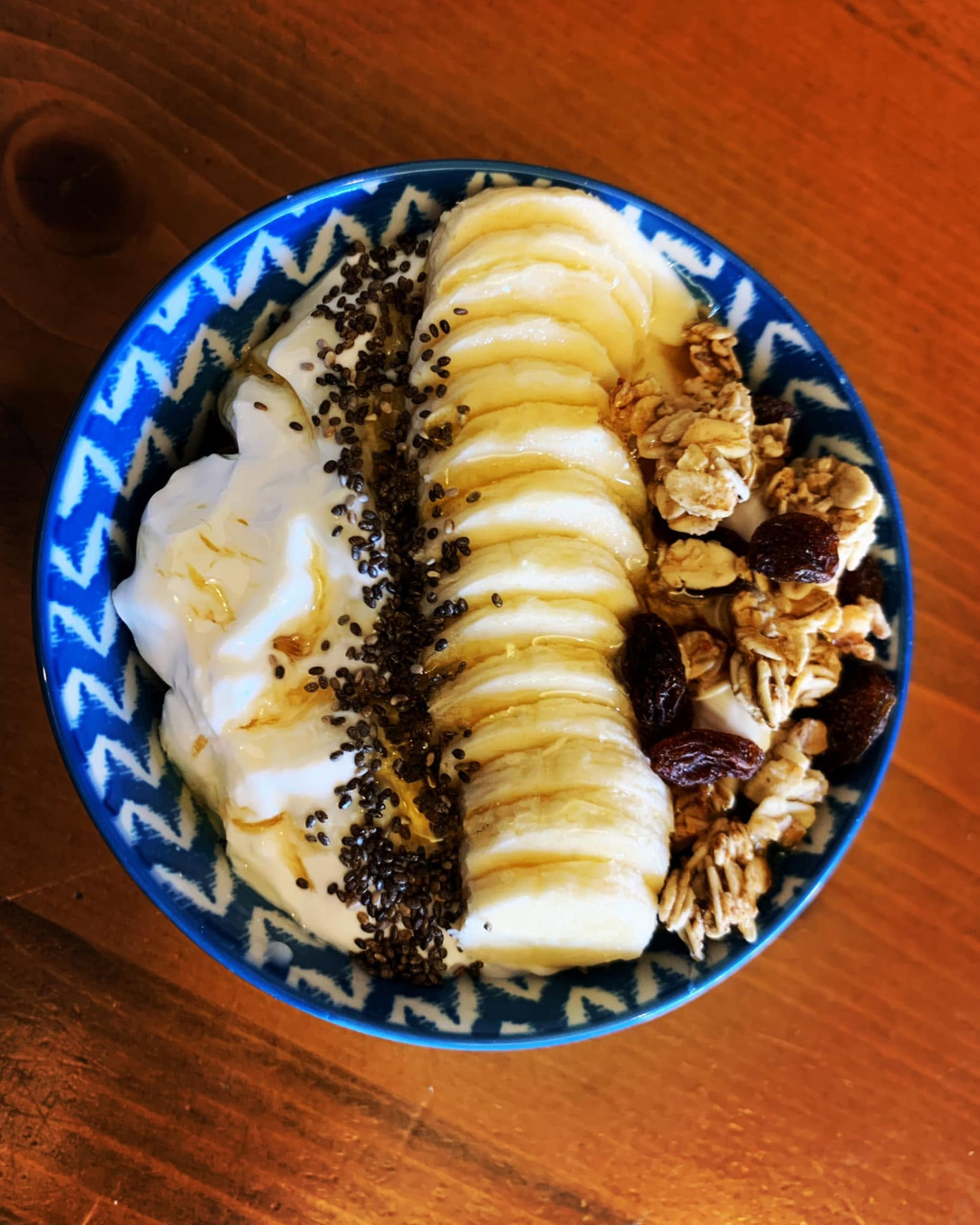 Breakfast bowl with banana, granola, chia seeds and yoghurt